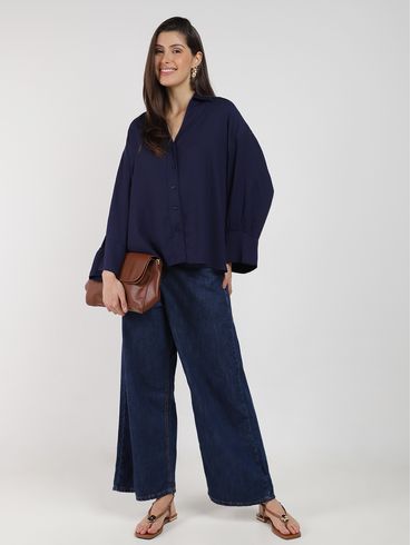 Camisa Oversized Manga Ampla Autentique Feminina MARINHO