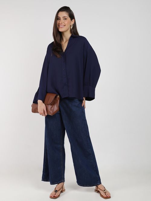 Camisa Oversized Manga Ampla Autentique Feminina MARINHO