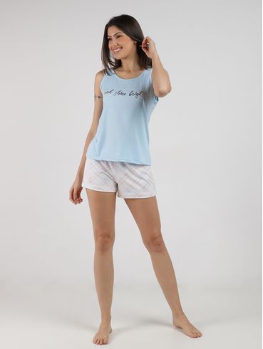 Pijama Curto Suede Xadrez Feminino AZUL CLARO