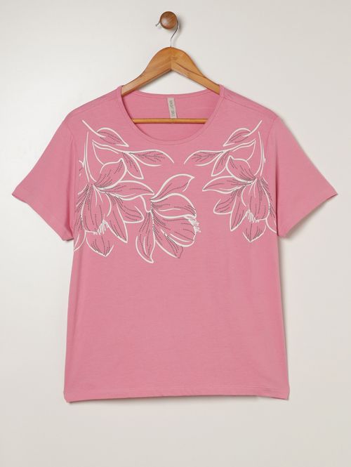 Blusa Silk Floral Manga Curta Plus Size Feminina ROSA CLARO