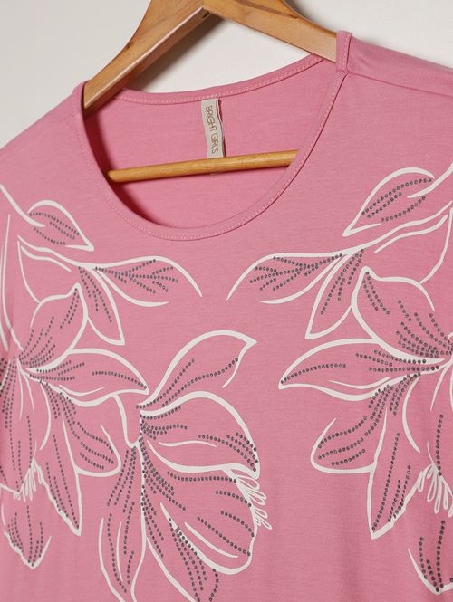 Blusa Silk Floral Manga Curta Plus Size Feminina ROSA CLARO