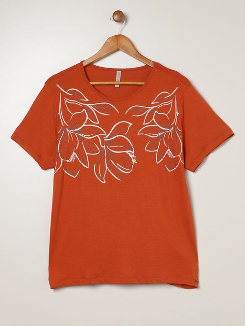 Blusa Silk Floral Manga Curta Plus Size Feminina MARROM