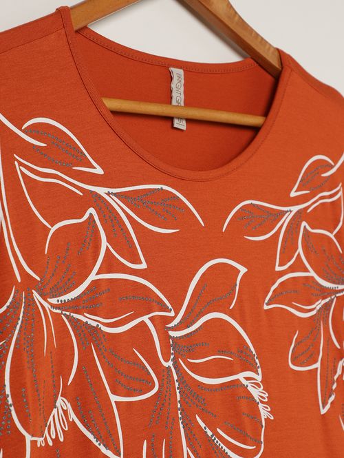 Blusa Silk Floral Manga Curta Plus Size Feminina MARROM