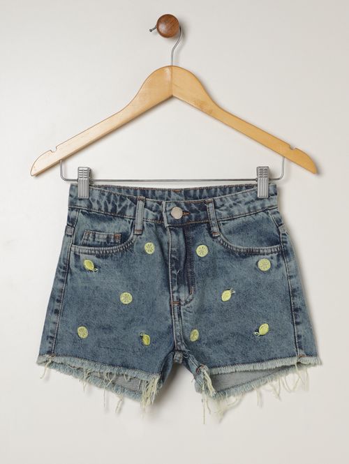 Short Jeans Bordado Limão Juvenil Para Menina - AZUL