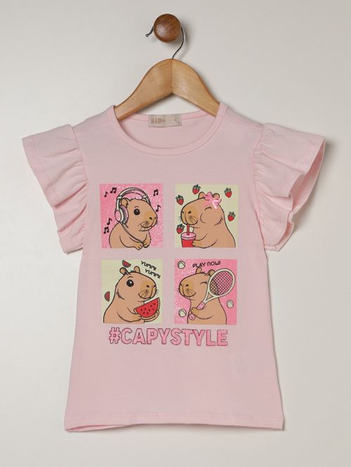 Blusa Cotton Manga Curta Infantil Para Menina- ROSA CLARO