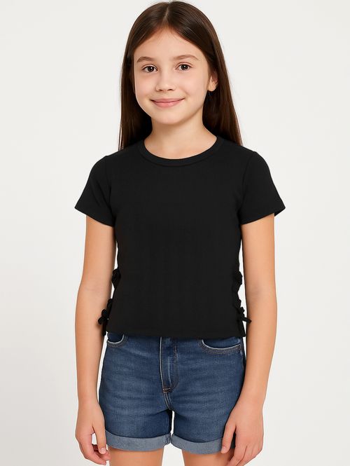 Blusa Canelada Com Amarração Juvenil Para Menina- PRETO