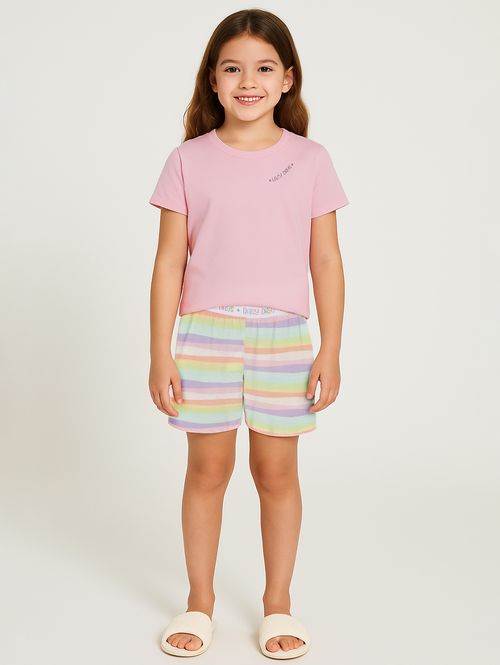 Pijama Curto Algodão Listrado Juvenil Para Menina- ROSA CLARO