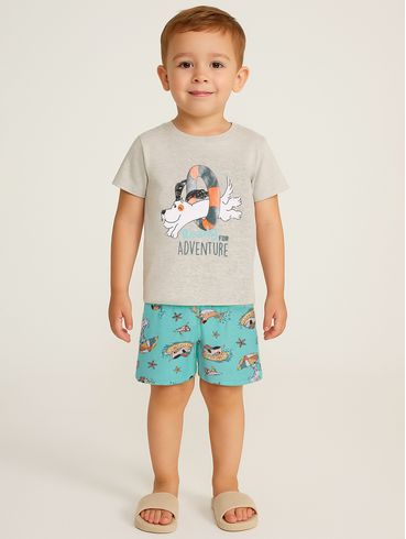 Pijama Curto Estampado Infantil Para Menino - MESCLA/VERDE