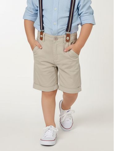 Bermuda Sarja Suspensório Infantil Para Menino - AREIA