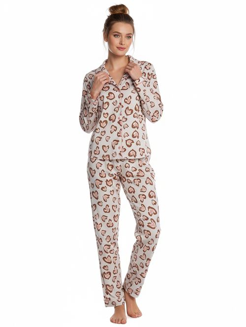 Pijama Longo Estampado Feminino BEGE/ROSE