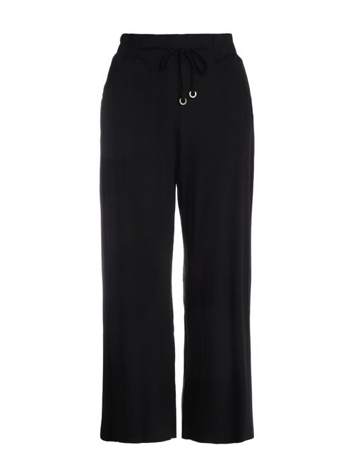 Calça Canelada Pantacourt Com Amarração Feminina PRETO