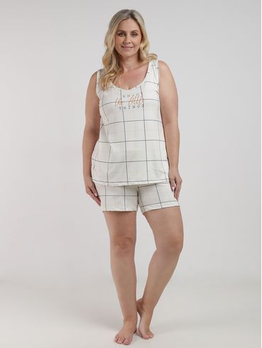 Pijama Curto Suede Xadrez Plus Size Feminino OFF WHITE