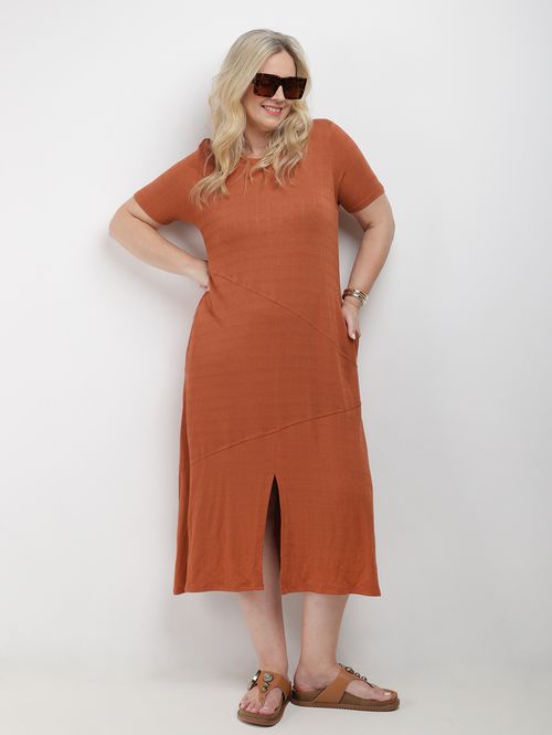 Vestido Midi Com Fenda Autentique Plus Size Feminino CARAMELO