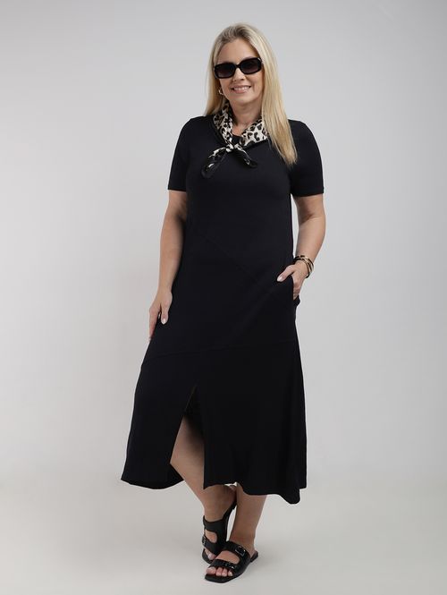 Vestido Midi Com Fenda Autentique Plus Size Feminino PRETO