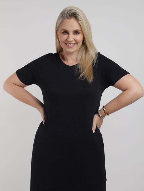 Vestido Midi Com Fenda Autentique Plus Size Feminino PRETO