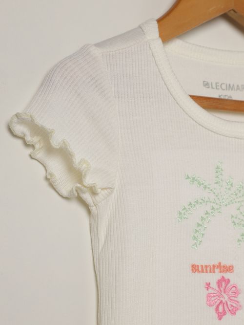 Blusa Manga Curta Canelada Infantil Para Menina - OFF WHITE