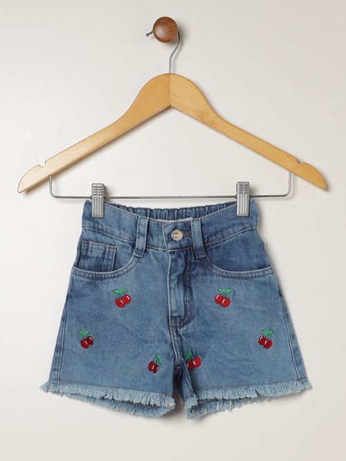 Short Jeans Bordado Cereja Infantil Para Menina- AZUL