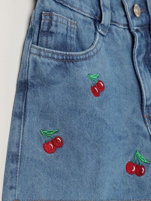 Short Jeans Bordado Cereja Infantil Para Menina- AZUL
