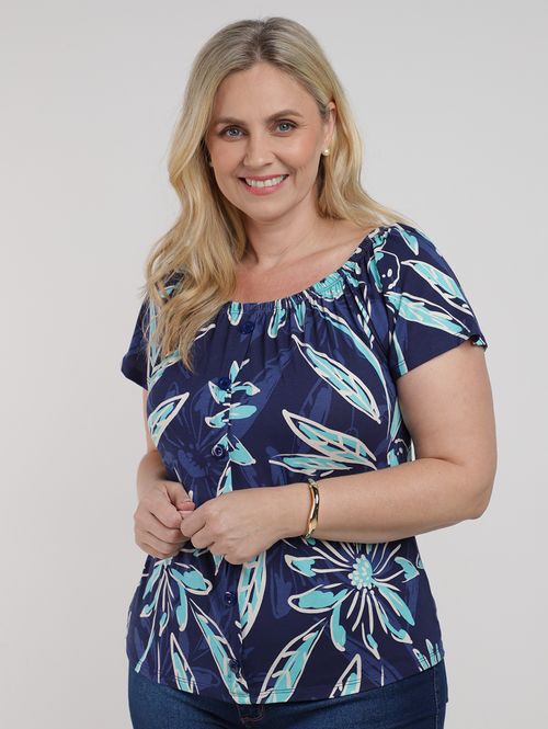 Blusa Ciganinha Estampada Plus Size Feminina AZUL