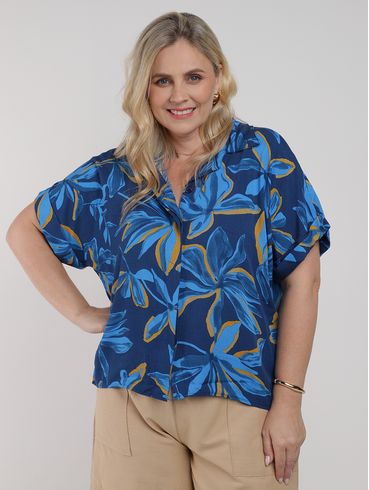 Camisa Manga Dobrada Plus Size Feminina AZUL
