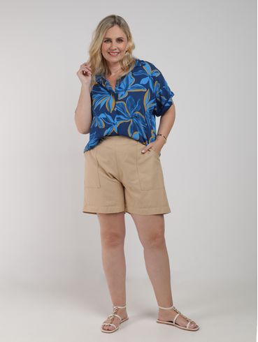 Camisa Manga Dobrada Plus Size Feminina AZUL