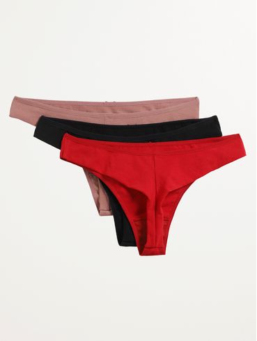 Kit com 03 Calcinha Fio Duplo Feminina TELHA/PRETO/ROSE