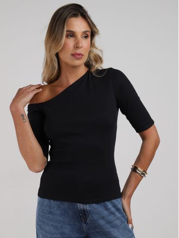 Blusa Assimétrica Manga 3/4 Feminina PRETO