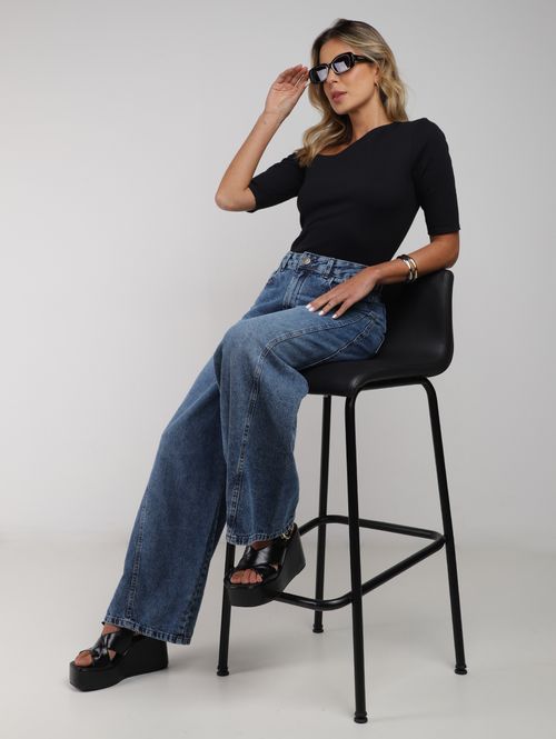 Blusa Assimétrica Manga 3/4 Feminina PRETO