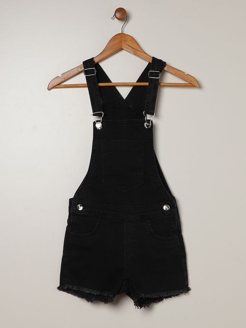 Jardineira Jeans Com Puídos Juvenil Para Menina- PRETO