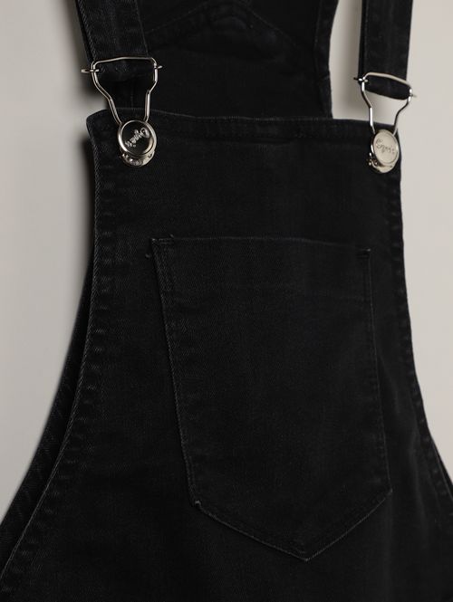 Jardineira Jeans Com Puídos Juvenil Para Menina- PRETO