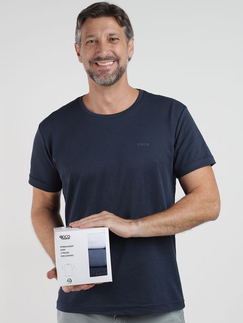 Kit Com 03 Camisetas Piquet Masculina MARINHO/AZUL/BRANCO
