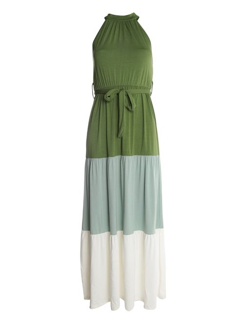 Vestido Com Amarração Bloco de Cores Feminino VERDE/VERDE CLARO/OFF WHITE