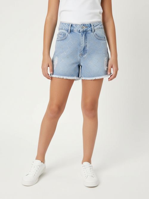 Short Jeans Com Puídos Juvenil Para Menina - AZUL