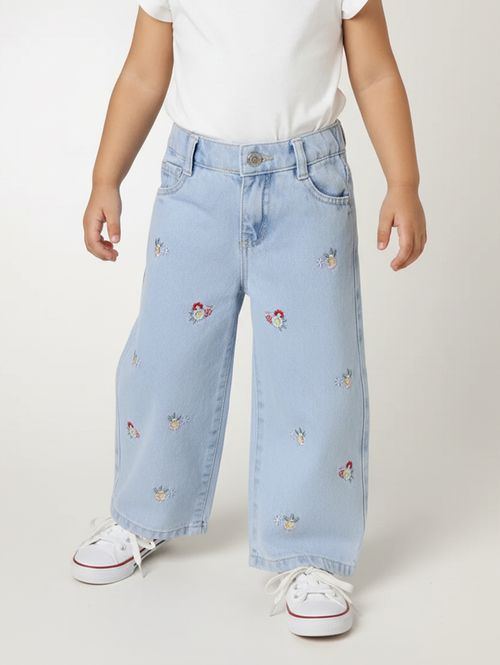 Calça Jeans Bordado Flores Infantil Para Menina- AZUL