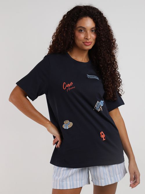 Blusa Com Bordados Manga Curta Autentique Feminina MARINHO