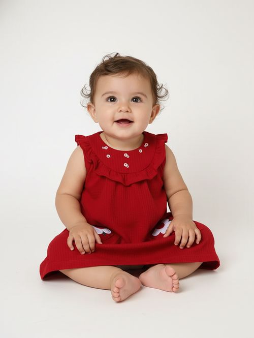 Vestido Malha Waffle Bordado Infantil Para Bebê - VERMELHO