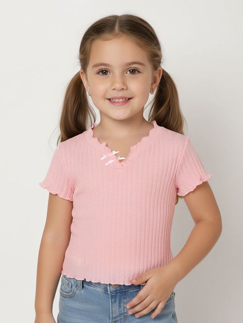 Blusa Manga Curta Canelada Infantil Para Menina - ROSA
