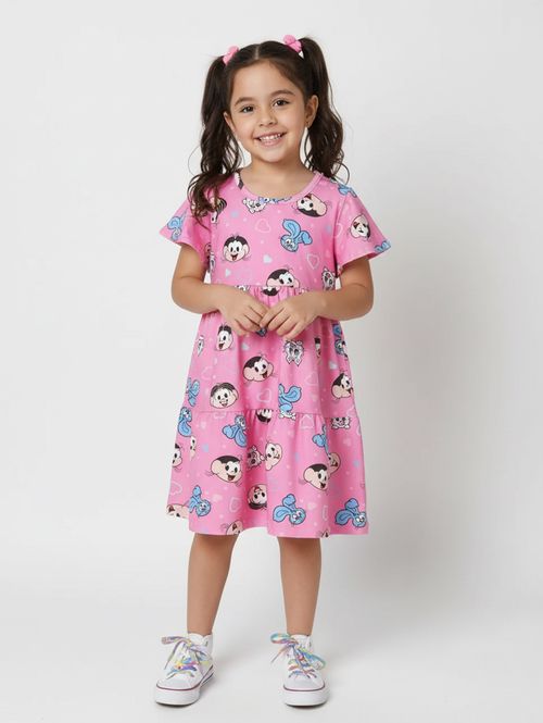 Vestido Evasê Turma da Mônica Infantil Para Menina ROSA