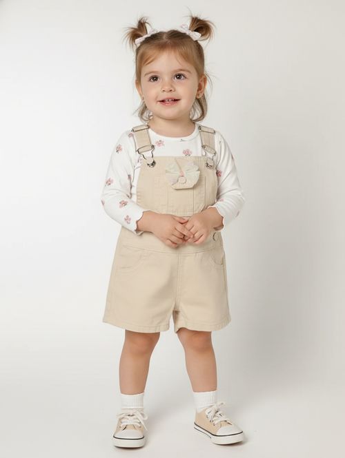 Jardineira Sarja Infantil Para Menina  - BEGE