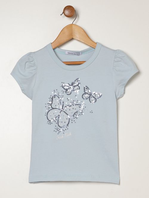 Blusa Cotton Bordado Paetê Infantil Para Menina - AZUL
