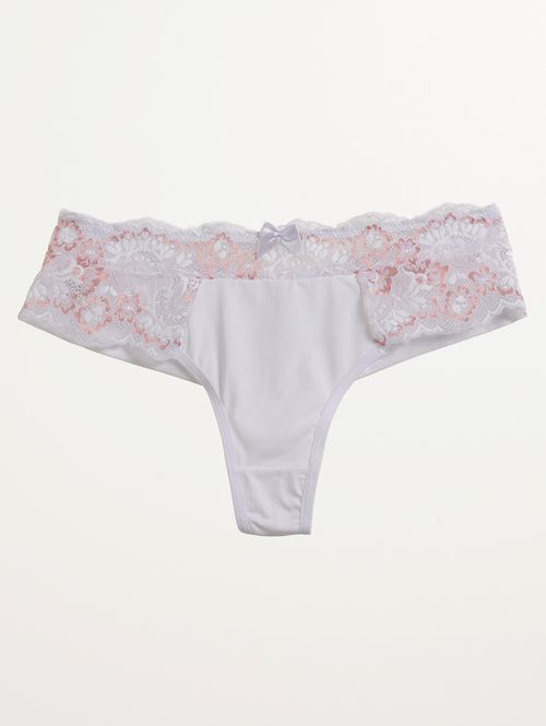 Calcinha Tanga Fio Duplo Com Renda Feminina BRANCO/ROSE