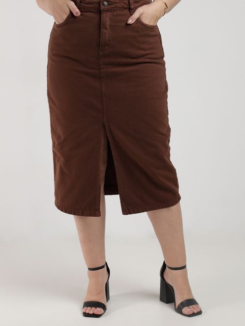 Saia Sarja Midi Plus Size Feminina MARROM