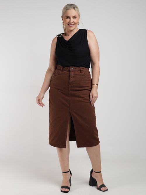 Saia Sarja Midi Plus Size Feminina MARROM