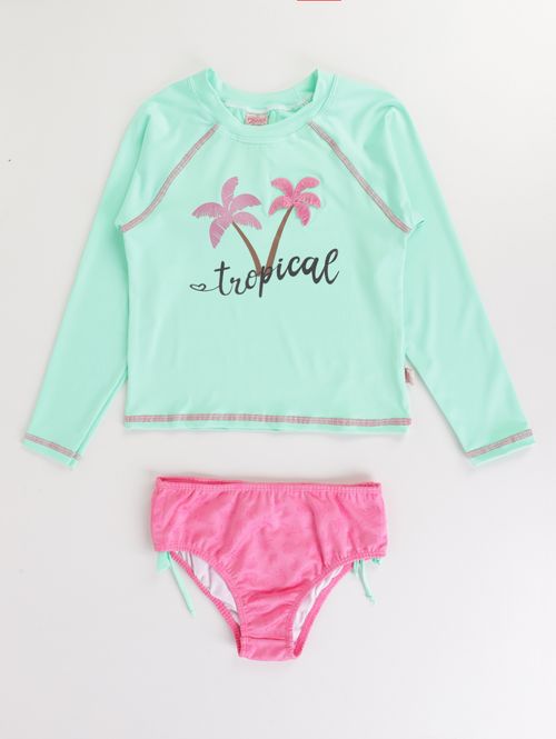 Camiseta UV com Calcinha Infantil Para Menina - VERDE/ROSA