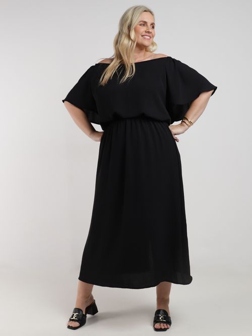 Vestido Longo Manga Ampla Plus Size Feminino PRETO