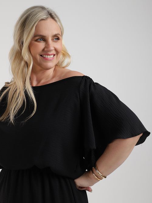 Vestido Longo Manga Ampla Plus Size Feminino PRETO