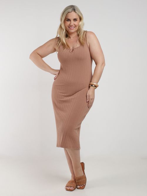 Vestido Cotton Canelado Midi Plus Size Feminino MARROM