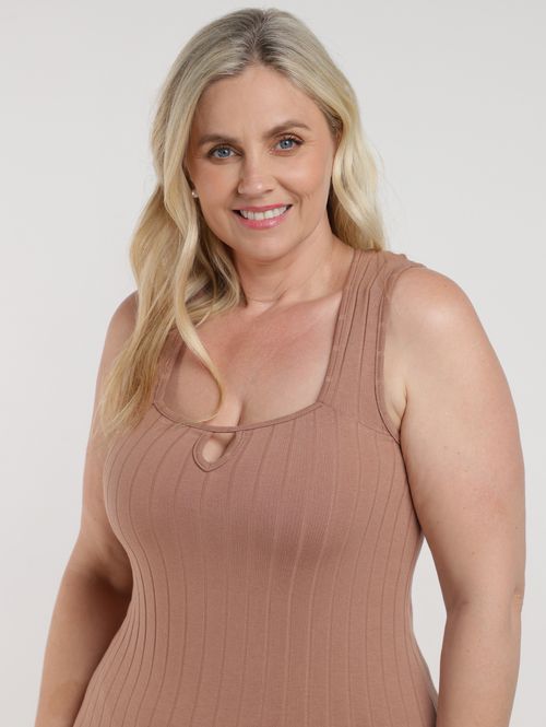 Vestido Cotton Canelado Midi Plus Size Feminino MARROM