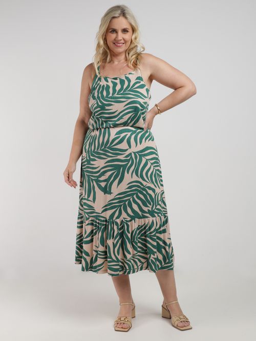 Vestido Canelado Autentique Plus Size Feminina VERDE/OFF WHITE/VERDE
