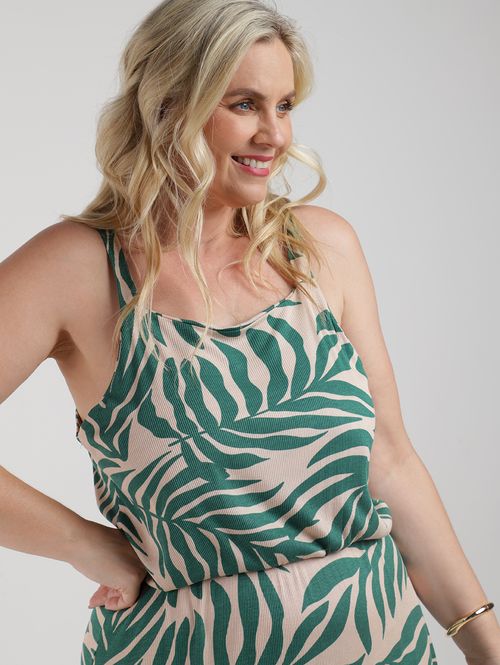 Vestido Canelado Autentique Plus Size Feminina VERDE/OFF WHITE/VERDE